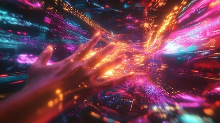 Wall Mural - Hand reaching into a vibrant and colorful abstract light tunnel