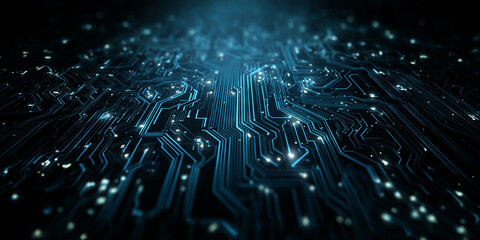 Wall Mural - Glowing blue circuit board pathways technology electronic