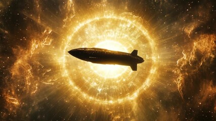 Wall Mural - A spaceship silhouetted against a radiant cosmic backdrop, captured from a low-angle view, evoking a cinematic sci-fi video aesthetic. Live desktop wallpaper.