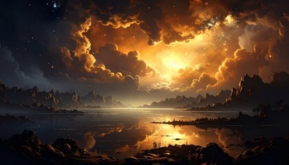 Wall Mural - An orange glow reflects on the calm water as the sun dips below the horizon, painting the clouds over the sea with a beautiful light