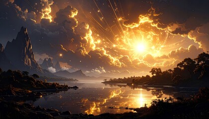 Wall Mural - An orange glow reflects on the calm water as the sun dips below the horizon, painting the clouds over the sea with a beautiful light
