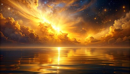 Wall Mural - An orange glow reflects on the calm water as the sun dips below the horizon, painting the clouds over the sea with a beautiful light