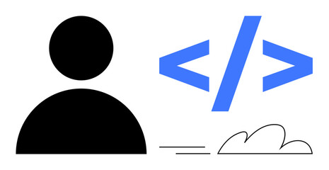 User icon next to coding brackets and a cloud. Ideal for programming, user interface, technology, cloud computing, innovation, digital transformation, education. Clean simple flat metaphor