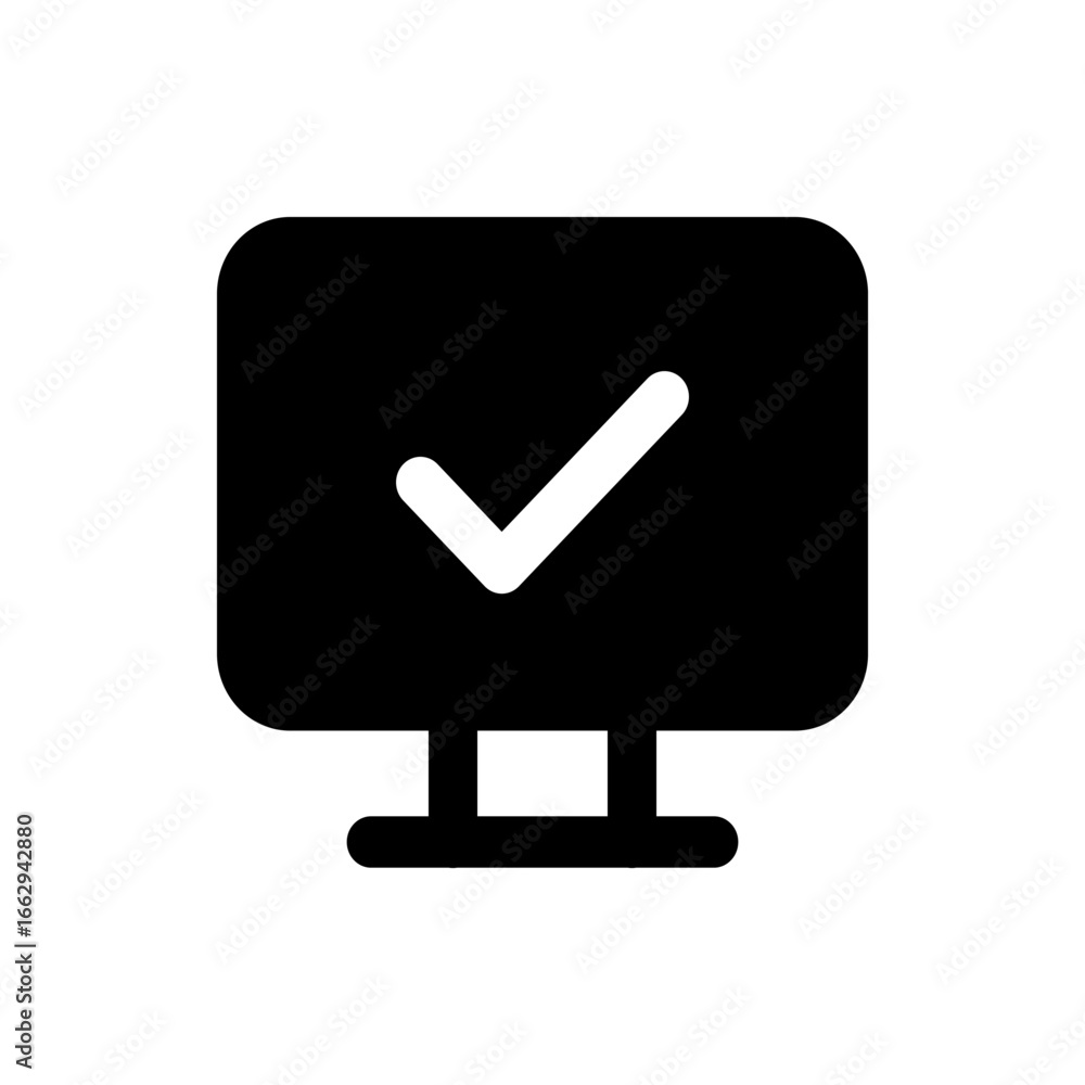 Computer Screen With Check Mark Black computer monitor with rounded edges displaying a white check mark ...