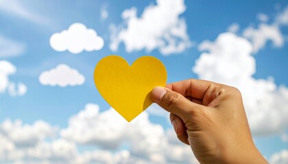 Wall Mural - Hands holding a vibrant red heart-shaped balloon against a blue sky with white clouds, a symbol of love and celebration