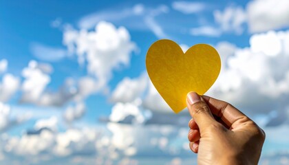 Wall Mural - Hands holding a vibrant red heart-shaped balloon against a blue sky with white clouds, a symbol of love and celebration