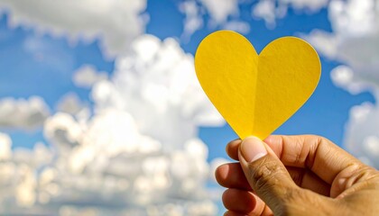 Wall Mural - Hands holding a vibrant red heart-shaped balloon against a blue sky with white clouds, a symbol of love and celebration