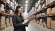 © XWT - Smiling female manager checking stock and managing supply chain operations with a digital tablet in a large distribution warehouse