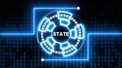 Neon Blue Circular Interface with STATE Text and Digital Data Background technology network