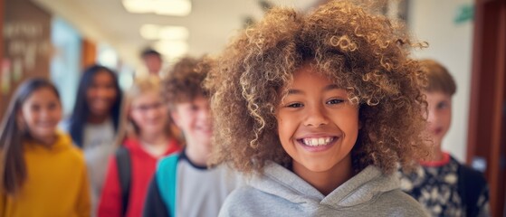 The Smiling Student Front and Center in a Bright School Hallway