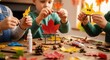 © Volha - children creating autumn leaf crafts with colorful leaves and glue. engaging art project fostering creativity and teamwork. perfect seasonal activity highlighting hands-on learning and fun