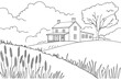 © tarek - Line art of a farmhouse in a field with clouds