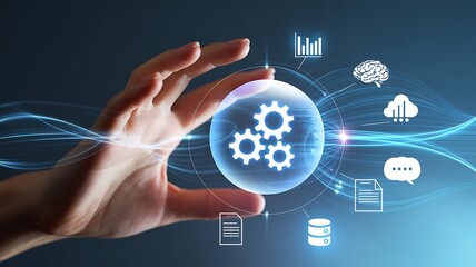 hand holding glowing digital gears representing automation and technology