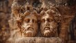 © Alevtina - Ancient stone sculpture of bearded heads located in a historical site at sunset