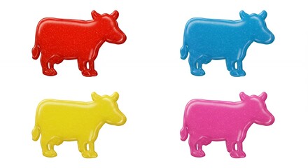 Four colorful cow shaped objects