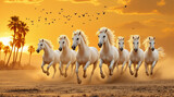 Seven white horses gallop freely across golden sands at sunset a desert landscape with warm bright