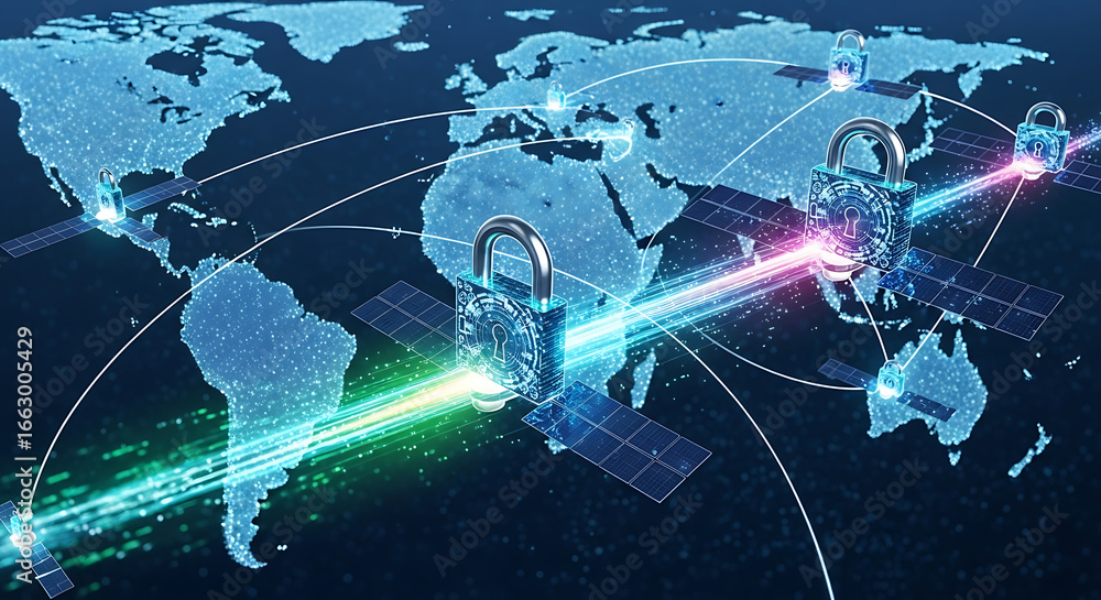 World map with satellite network and padlocks representing global data ...