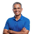 © rizaldesign - Confident middle-aged Indian man with glasses smiling brightly with arms crossed in a casual blue polo shirt on an isolated transparent background.