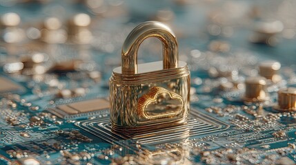 Golden Padlock on Circuit Board Close-Up