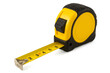 © The_AI_Revolution - Yellow and black retractable tape measure with extended metal blade showing metric and imperial markings isolated on white background