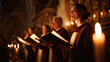 © sticker2you - Choir passionately sings from hymn books in dimly lit church, surrounded by glowing candles