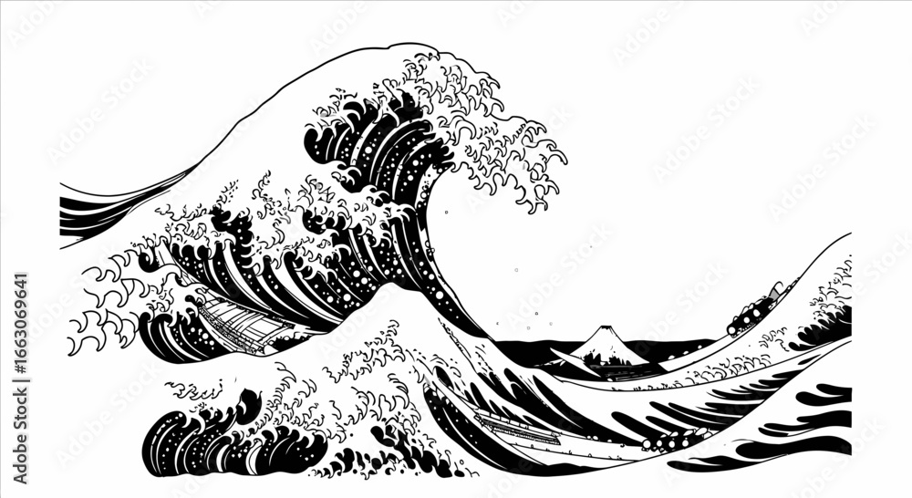Black and White Vector SVG Illustration of The Great Wave Off Kanagawa ...