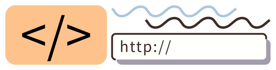 Code tag symbol beside a URL input bar with abstract wavy lines. Ideal for web design, programming, coding, internet, user interface, software, online communication themes. Simple flat metaphor