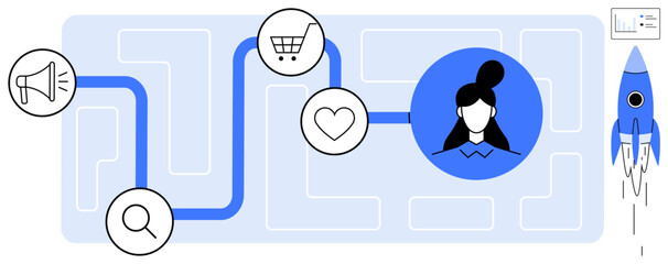 Wall Mural - Path connecting search, marketing, shopping cart, and heart icons to a user profile and a rocket launch. Ideal for customer experience, marketing strategy, user journey, growth, business success