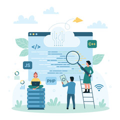 Program code development technology vector illustration. Cartoon tiny people studying script in software window with magnifying glass, developers and testers team using computer, phone or laptop
