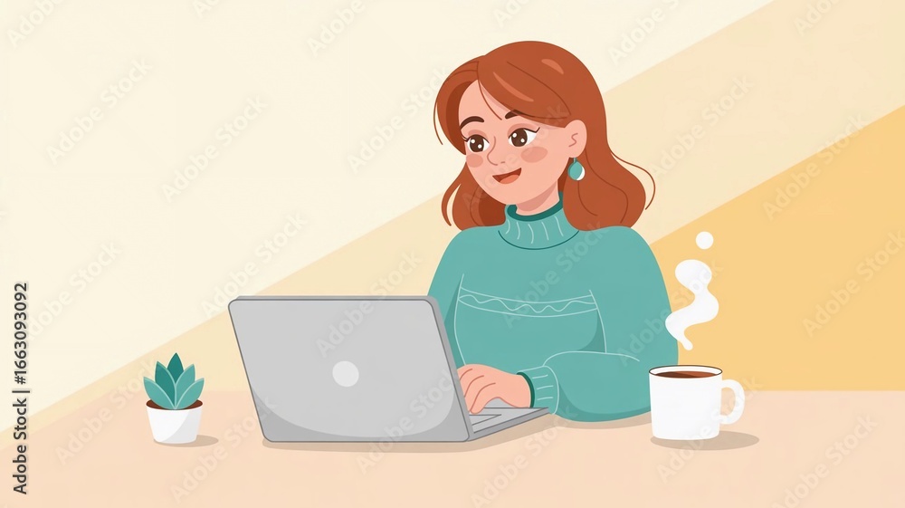 Woman Working on Laptop with Coffee and Plant Cozy Home Office Illustration