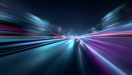 Wall Mural - futuristic road with vibrant neon blue, purple light streaks. high-speed motion blur conveys technol