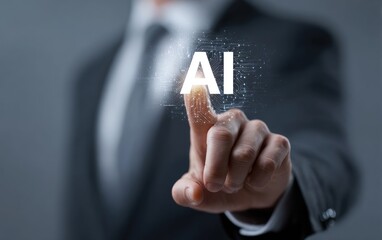 Man in suit interacts with AI interface