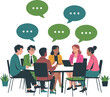 © CreativeArtist - Diverse business team brainstorming at table with speech bubbles, collaboration and communication concept, flat vector illustration.