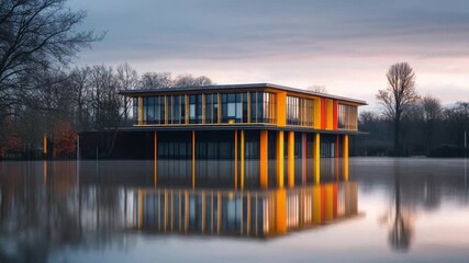 Wall Mural - this captivating footage features a modern structure surrounded by water. it creates a peaceful atmo
