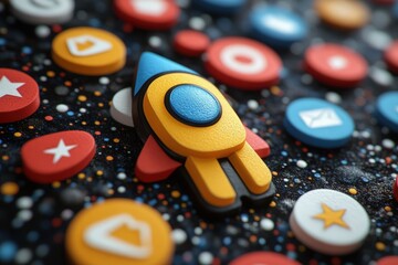 Colorful rocket icon surrounded by various social media buttons on a starry background