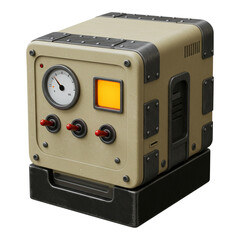 Retro futuristic portable power generator with gauge and screen isolated on transparent background