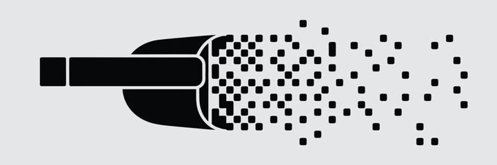 A black object transforming into scattered squares on a light gray background in a digital art style