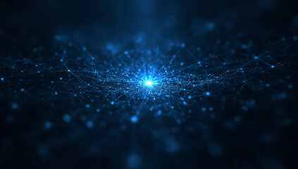 Abstract glowing blue network of interconnected points and lines in a dark cosmic background with bokeh effects
