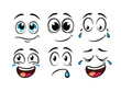 © Mohsin - Cartoon faces. Expressive eyes and mouth, smiling, crying and surprised character face expressions. Caricature comic emotions or emoticon doodle. Isolated vector illustration icons set