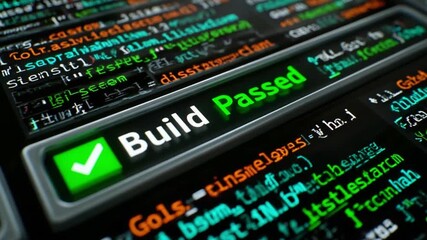 Code's Validation: A close-up view into a computer program's interface, showing Build Passed status confirmed with a green checkmark against a backdrop of intricate code.