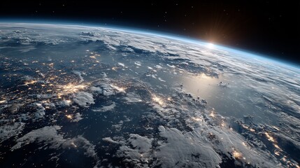 Wall Mural - Earth from space at night with city lights and sunrise
