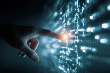 Fingertip interacts with glowing digital code matrix (1)