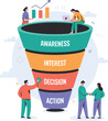 © MdShamimAhmed - Business professionals collaborating on a sales funnel visualizing customer journey stages from awareness to action isolated on transparent background
