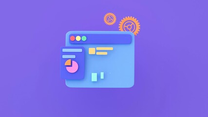 3D animation of SEO optimization, strategy and analytics. The desktop displays a magnifying glass that allows you to view charts, search strings, tags and sales data. Video animation.