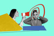 © deagreez - Creative trend design 3D collage sketch of burnout mental worry overload colleagues boss young lady talk megaphone woman cover ears suffer