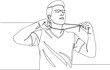 © Cici - Continuous Line Art of a Young Man Adjusting Beaded Necklace wit