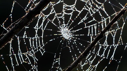 Close-up Intricate Spider Web with Morning Dewdrops Shimmering and Backlit against Dark Background; Delicate, Spooky Natural Halloween Decoration