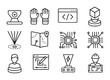 © Руслан Мельніков - Hologram Engineer Icons. Outline icon set of hologram engineers: projection device, VR gloves, coding screen,
