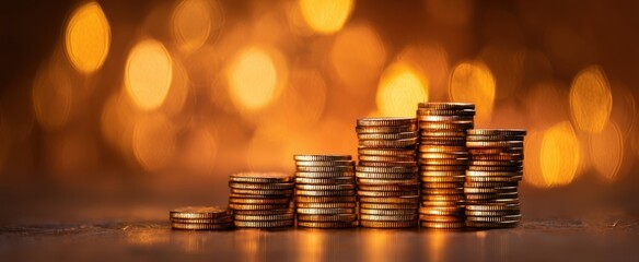The stack of golden coins illuminated by a warm, glowing bokeh background.