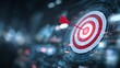 © Oleksandr - Precision target with an arrow hitting the bullseye, symbolizing achievement and accuracy against a blurred background with digital overlays.